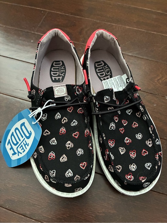 Hey Dude Other - Hey Dude Kids Black Slip-On Sneakers with Red & White Heart Print